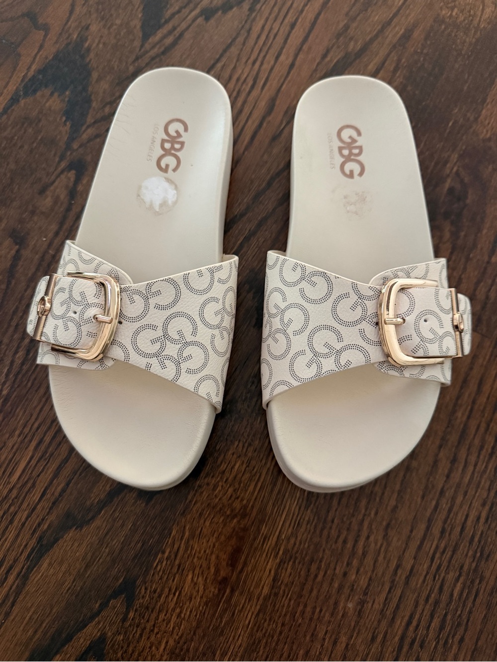 G by Guess Cream Logo Buckle Slide Sandals with Rose Gold Buckles